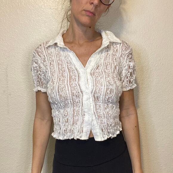 Vintage Y2K White Collared Lace Button Down Blouse Size L - Picture 2 of 4